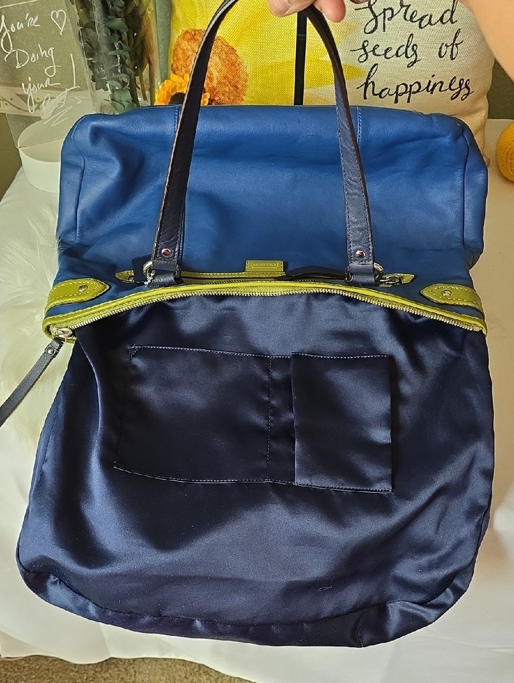 Coach Daisy Spectator Blue Leather Tote with Lime Trim and Navy Blue Handles - Picture 14 of 15